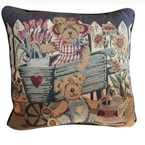 Vintage Teddy Bear Garden Tapestry Throw Pillow Accent Sunflowers 14x14 Green